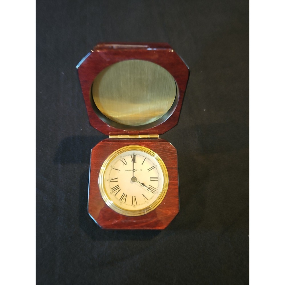 Howard Miller Polish Rosewood Desk Clock Hinge Top Box Gold Metal Glass 645-392